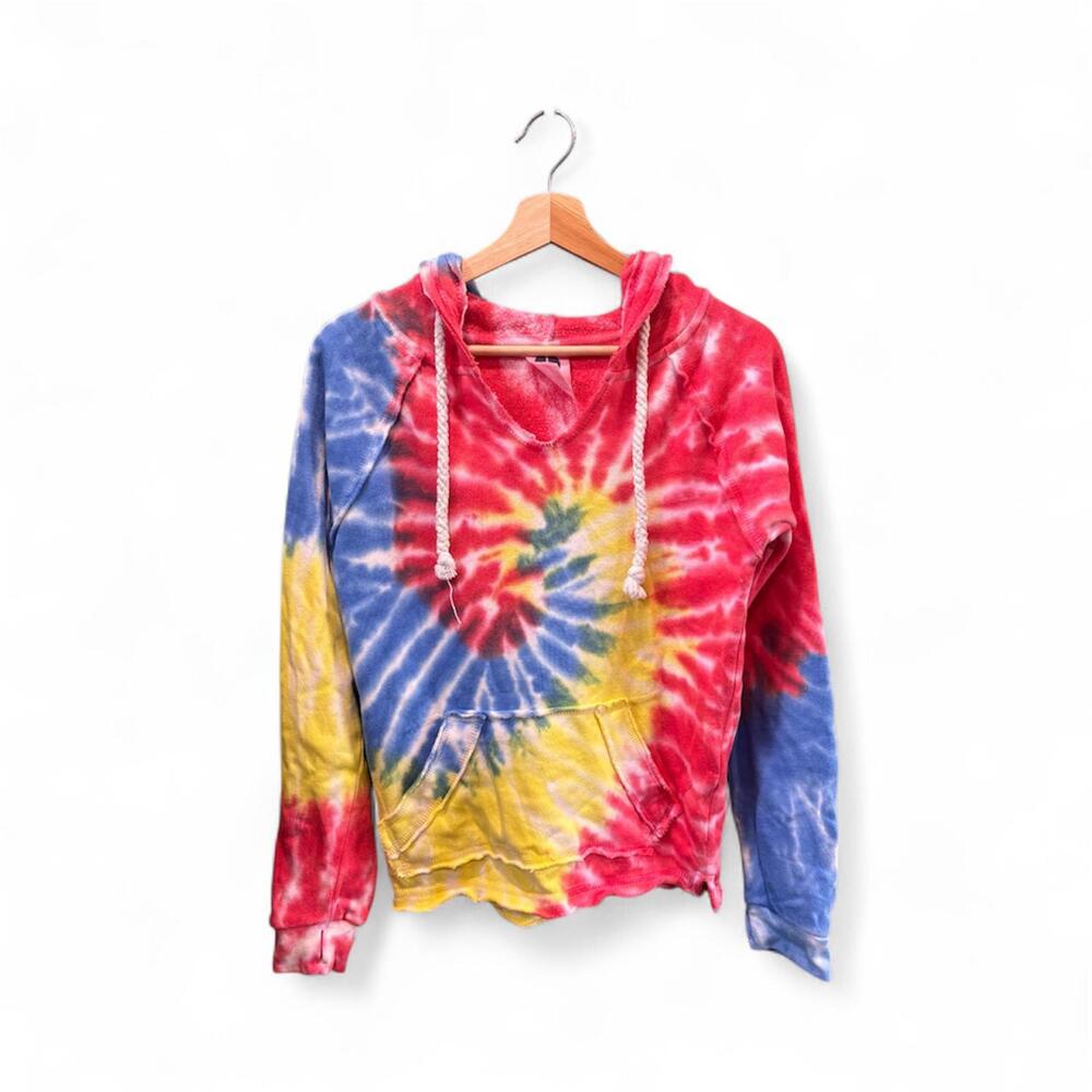 Exist Red Blue Yellow Tie Dye Hoodie Drawstring Sweater with Pocket Size Small